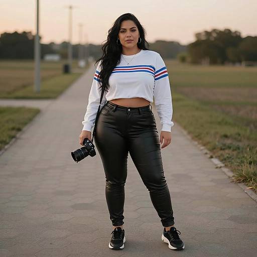 Curvy Woman with Camera on Hexagonal Path