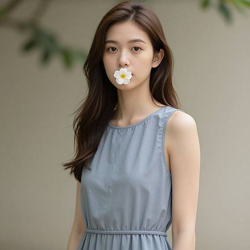 Photograph of a young Asian woman with long dark hair, wearing a sleeveless light blue dress, holding a white daisy to her mouth, against