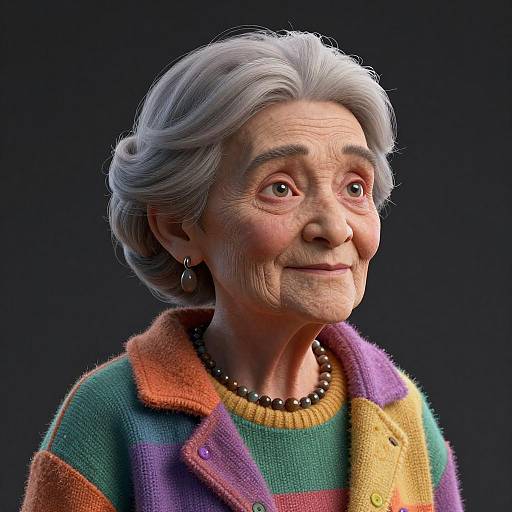 Photorealistic CGI portrait of an elderly woman with gray hair, wearing a colorful, patterned sweater, pearl necklace, and earrings, against a dark