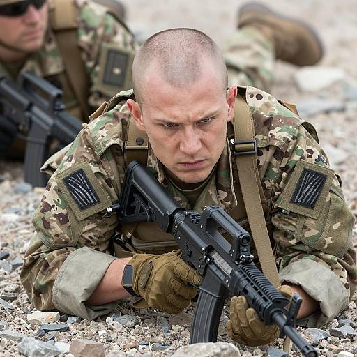 Soldier in Camouflage Holding Rifle on Rocky Ground