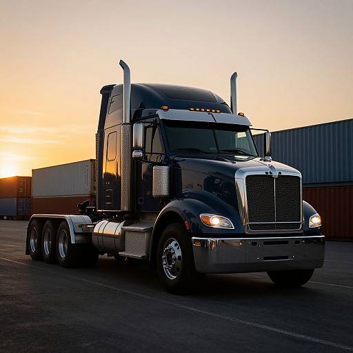 Photograph of a shiny black semi-truck with silver accents, illuminated headlights, and tall exhaust stacks, parked at sunset in an industrial warehouse yard.
