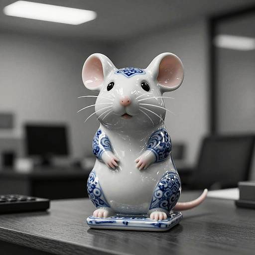 Photograph of a detailed, white porcelain mouse with blue floral patterns, sitting on a blue-and-white plate, on a modern office desk.