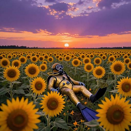 Photograph of an astronaut in a gold spacesuit with blue fins, resting in a vibrant sunflower field during a dramatic sunset.