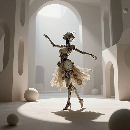 Photograph of a steampunk ballerina robot with a clock dress, standing in a sunlit, abstract, arched hallway with soft shadows