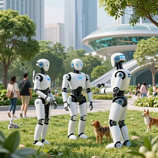 Photograph of three white, humanoid robots with blue accents standing in a sunny, urban park with people, trees, and dogs. Modern skyscrapers