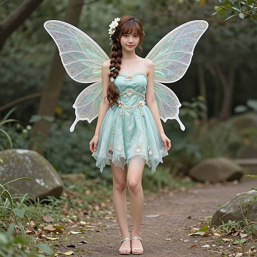 Photograph of a fair-skinned woman with long brown hair in a braid, wearing a light blue fairy dress and translucent wings, standing on a