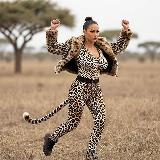 Photograph of a confident woman in leopard-print bodysuit and fur jacket, running in a grassy savanna with blurred trees.