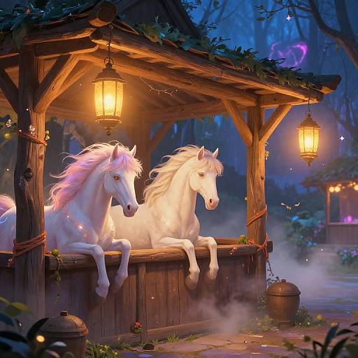 Fantastical digital art: two white, glowing horses with pink manes relax on a wooden gazebo, illuminated by lanterns in a mystical,
