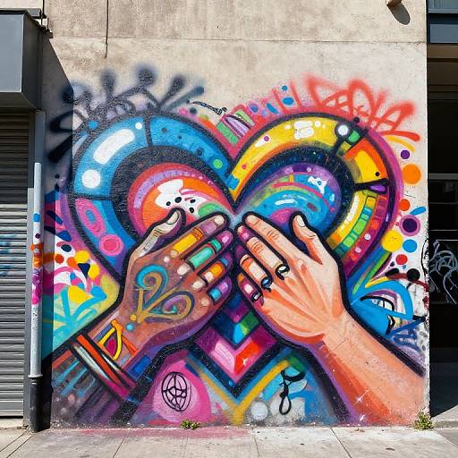 Vibrant street art mural featuring two hands holding a colorful, heart-shaped puzzle with rainbow and graffiti patterns on a concrete wall.