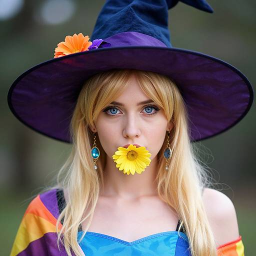 Photograph of a blonde woman with blue eyes, wearing a black witch hat, colorful dress, and blue earrings, holding a yellow flower in her mouth