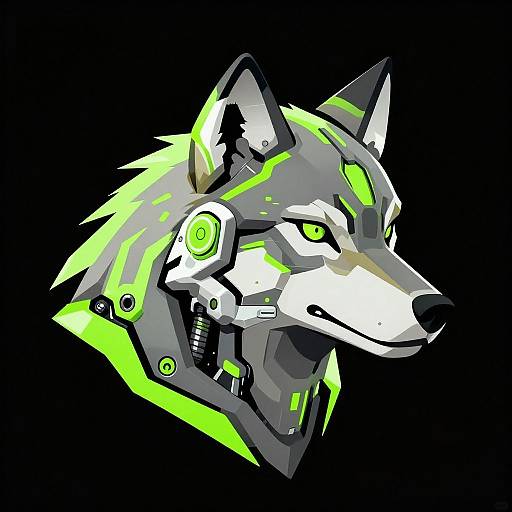 Digital artwork of a cybernetic wolf with neon green accents, glowing eyes, and mechanical parts on its head and neck, set against a black background