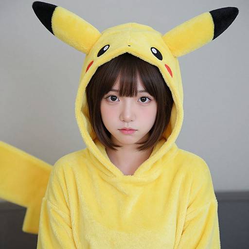 Photograph of an East Asian woman with straight, dark brown hair wearing a Pikachu-themed, yellow hooded plush costume with black-tipped ears, standing