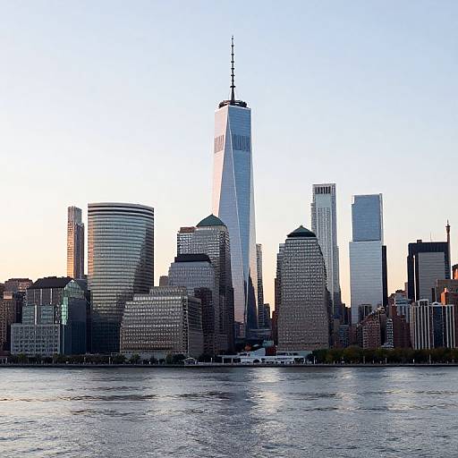 Photograph of New York City skyline at dusk, featuring the illuminated One World Trade Center towering above various skyscrapers, with the Hudson River in the