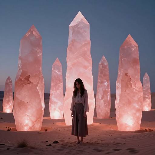 Photograph of a young woman with long dark hair, wearing a white blouse and dark skirt, standing in front of glowing, pink-illuminated