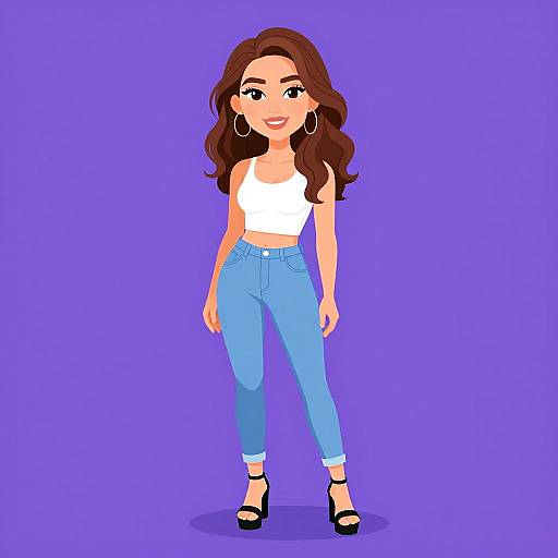 Cartoon-style illustration of a smiling woman with long brown hair, wearing a white crop top, blue jeans, black heels, and hoop earrings, standing