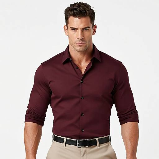 Photograph of a muscular, attractive, fair-skinned man with short dark hair, wearing a fitted maroon button-up shirt and beige pants, standing