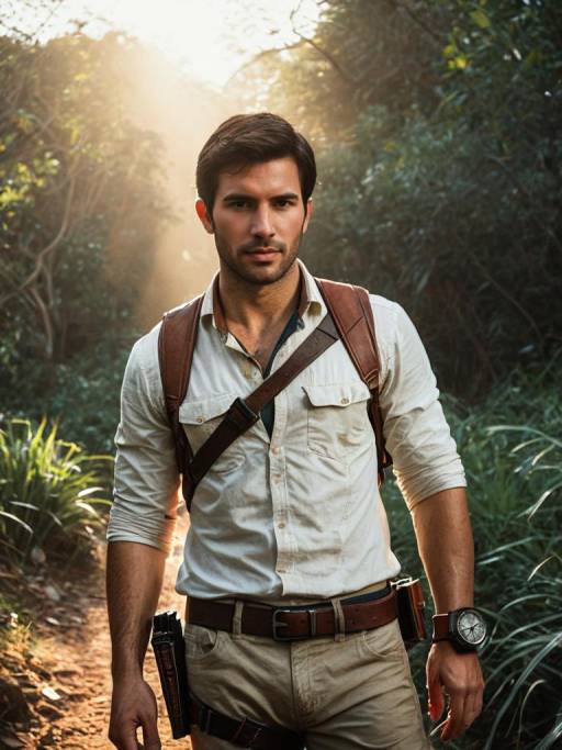 Man Cosplaying as Nathan Drake in Outdoor Setting