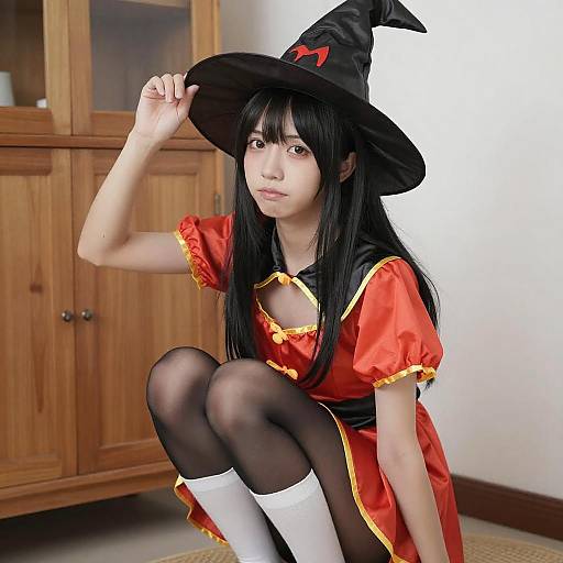 Asian Woman in Red and Black Witch Costume