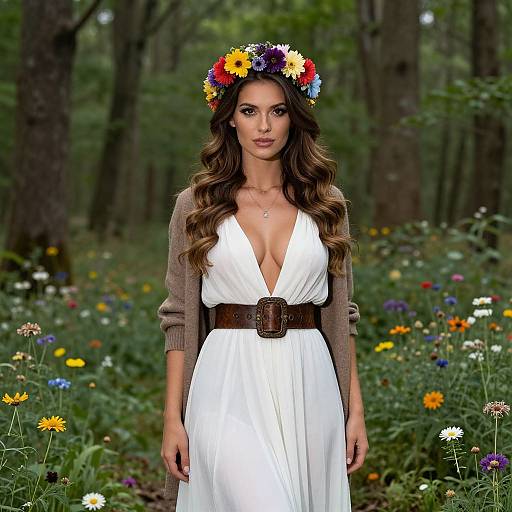 Photograph of a woman with long brown hair, wearing a white deep V-neck dress, brown cardigan, and flower crown, standing in a lush