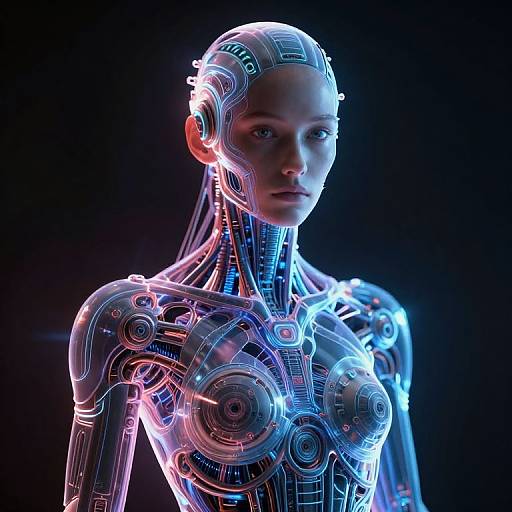 Photorealistic CGI of a glowing, futuristic female android with exposed blue and pink neon circuitry, against a black background.