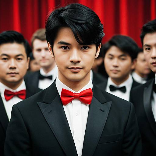 Young Men in Formal Suits with Red and Black Bow Ties