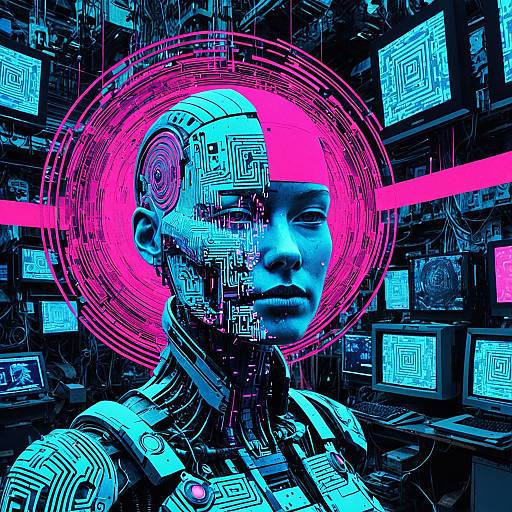 Cyborg Bust in Neon Cyberpunk Junkyard