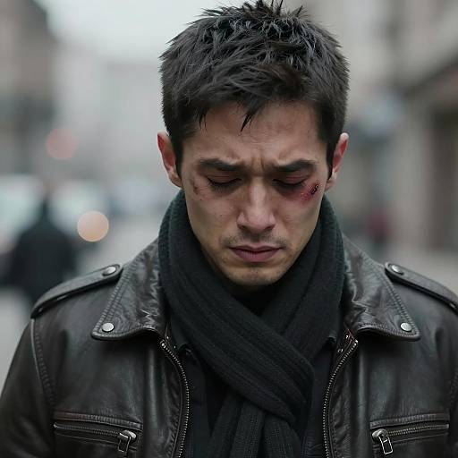 Pained Man in Leather Jacket