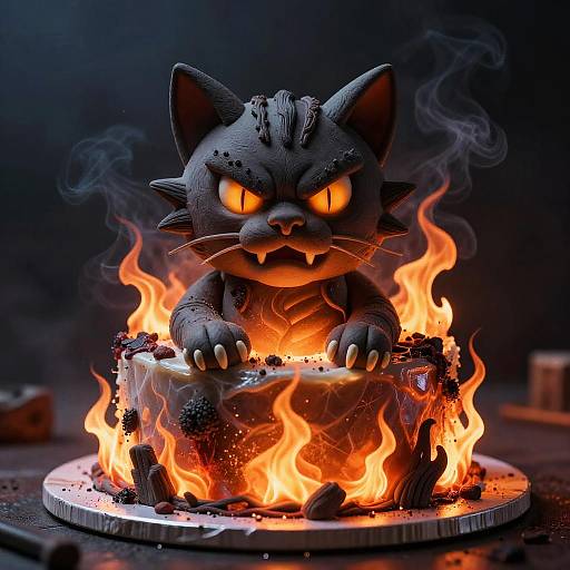 Digital artwork of a menacing, gray, cat-shaped cake with glowing orange eyes, surrounded by fiery flames, standing on a metal platter. Dark,