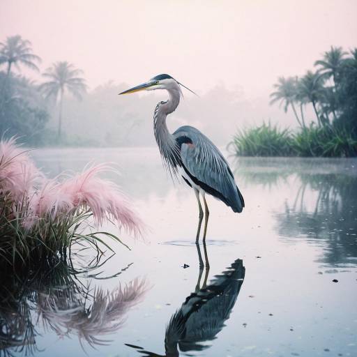 Heron in Misty Tropical Lagoon