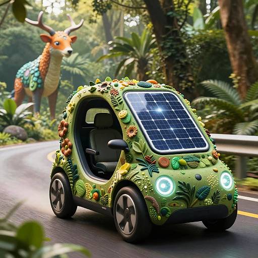 Photorealistic CGI of a solar-powered, flower-decorated car driving on a forest road with a whimsical, green-scaled deer statue in