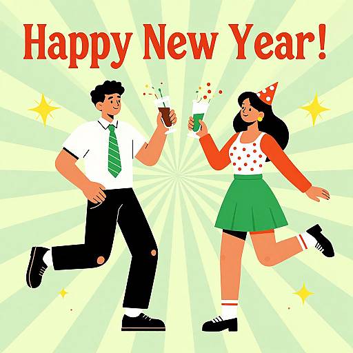 Cartoon-style illustration of a smiling man and woman toasting with drinks, wearing festive clothes, against a radiant yellow-green background with 