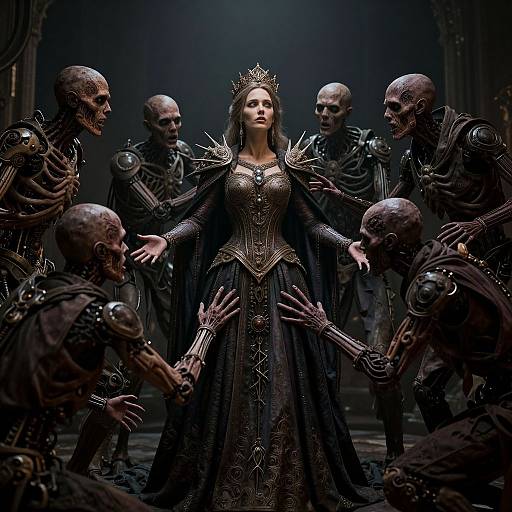 Photograph-like digital art: Queen with ornate black gown and crown, surrounded by skeletal warriors with mechanical armor, in dimly lit, gothic