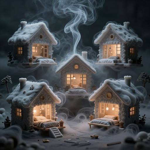 Photorealistic digital artwork of three glowing, smoke-emanating, snow-covered cottages at night, each with warmly lit windows and cozy interiors.