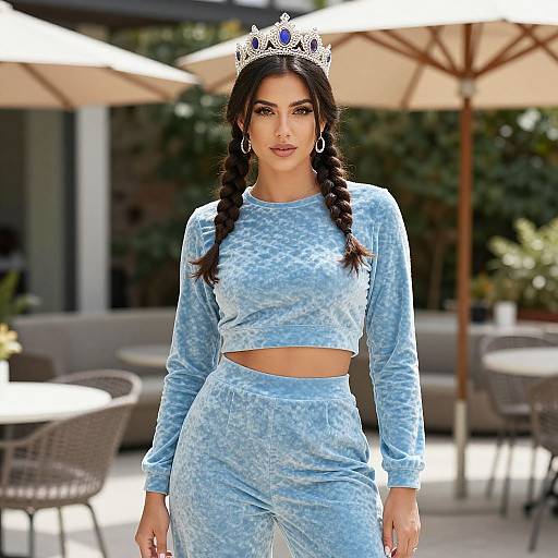 Photograph of a dark-haired woman with braided pigtails, wearing a blue velvet crop top and matching pants, silver crown, and hoop earrings