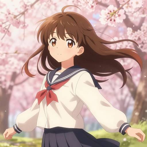 Anime-style digital drawing of a brown-haired girl in a white sailor uniform with red neckerchief, standing in a cherry blossom forest.
