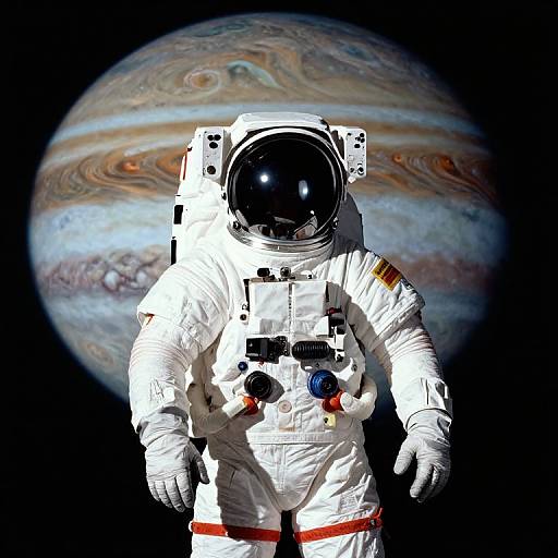 Astronaut Before Jupiter's Swirling Clouds
