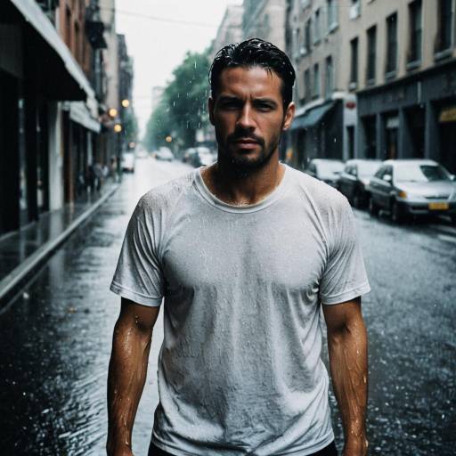 Sweaty Man in Wet Shirt on Street