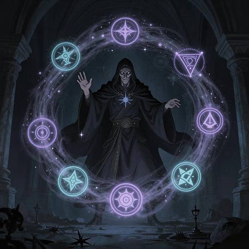Mysterious Sorcerer Conjuring Starlit Vortex