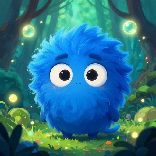 Whimsical digital drawing of a fluffy blue creature with wide, curious eyes in a glowing forest, surrounded by floating bioluminescent orbs.