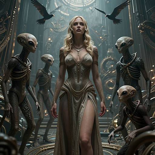 Digital artwork of a blonde woman in an ornate, metallic dress, standing confidently in a dim, steampunk-style hall with skeletal aliens and black