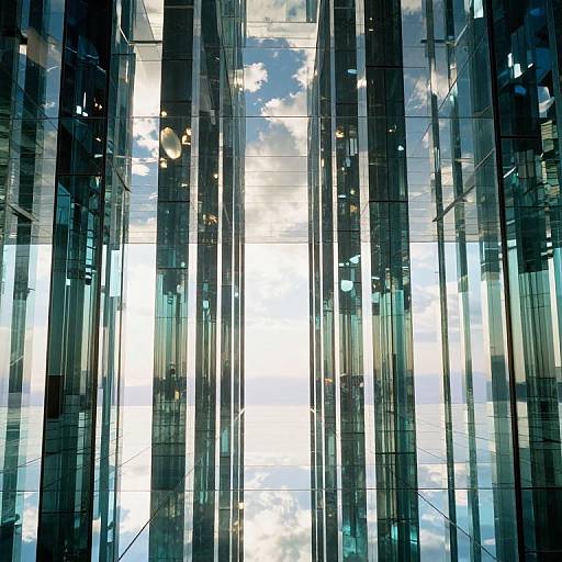 Photograph of a modern skyscraper's glass facade, reflecting a bright sky with scattered clouds, creating a dynamic, mirrored pattern.