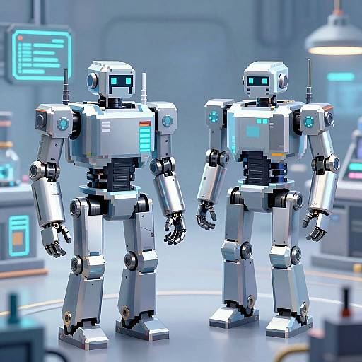 Pixelated Robots in Futuristic Lab