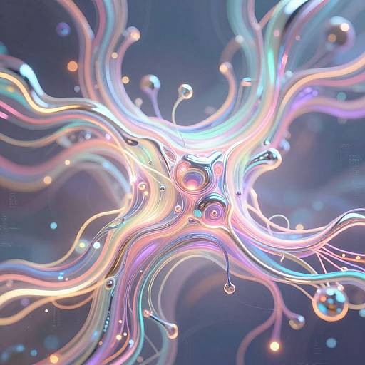 Abstract digital artwork featuring swirling, neon-colored, ribbon-like lines with glowing droplets against a dark, cosmic blue background.