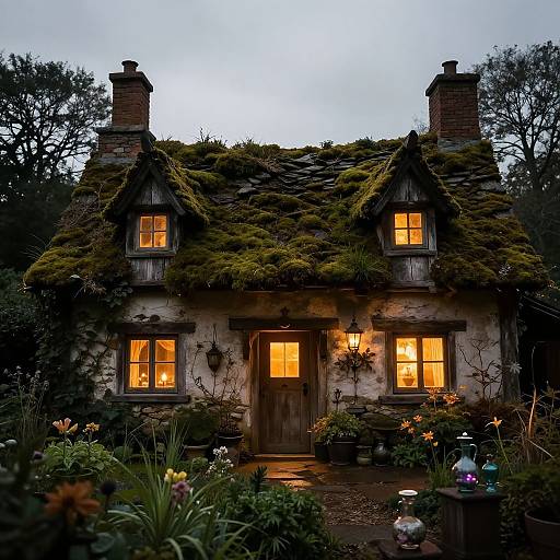 Photograph of a whimsical, moss-covered cottage at twilight with glowing windows, flanked by lush, dark garden, and surrounded by trees.