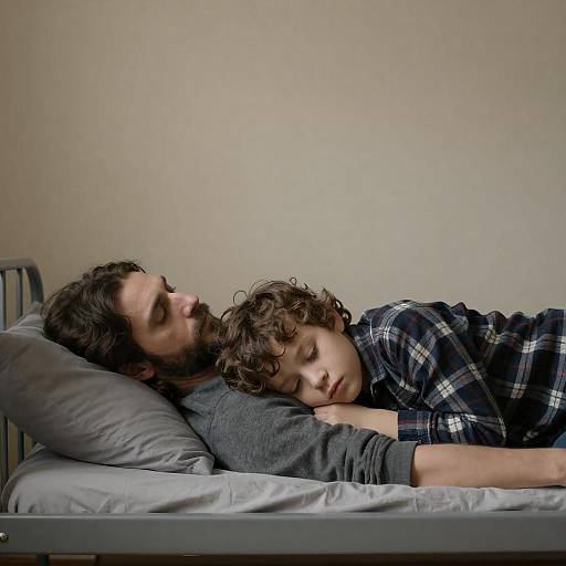 Somber Man and Boy on Metal Bed