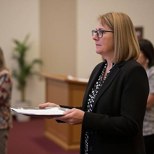 Photograph of a middle-aged woman with shoulder-length blonde hair, glasses, black blazer, and patterned blouse, holding a white paper, standing