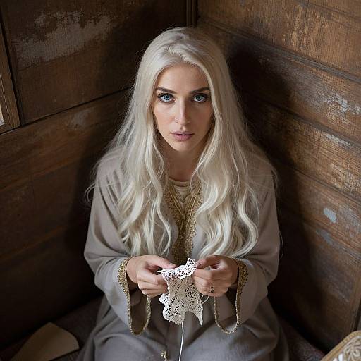 Photograph of a young woman with long, platinum blonde hair, blue eyes, and fair skin, seated in a dimly lit, wooden corner,