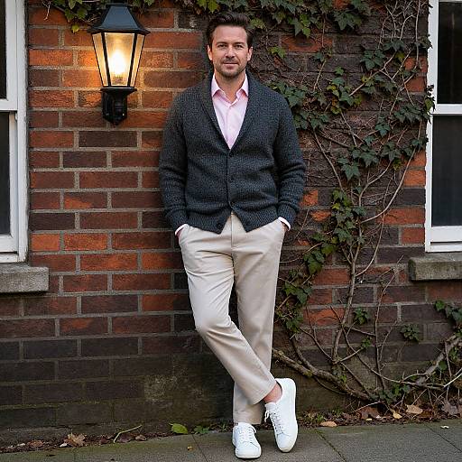 Photograph of a bearded man with short dark hair, wearing a dark gray cardigan, pink shirt, beige pants, and white sneakers, leaning