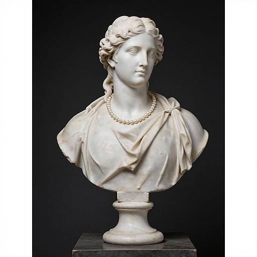 Neoclassical marble bust of a young woman with wavy hair, wearing a draped robe and pearl necklace, set against a black background.