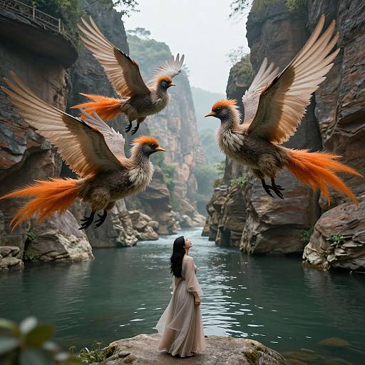 Photograph-like digital art: Woman in white robe stands on rock, facing three flying birds with orange feathers in narrow canyon gorge.